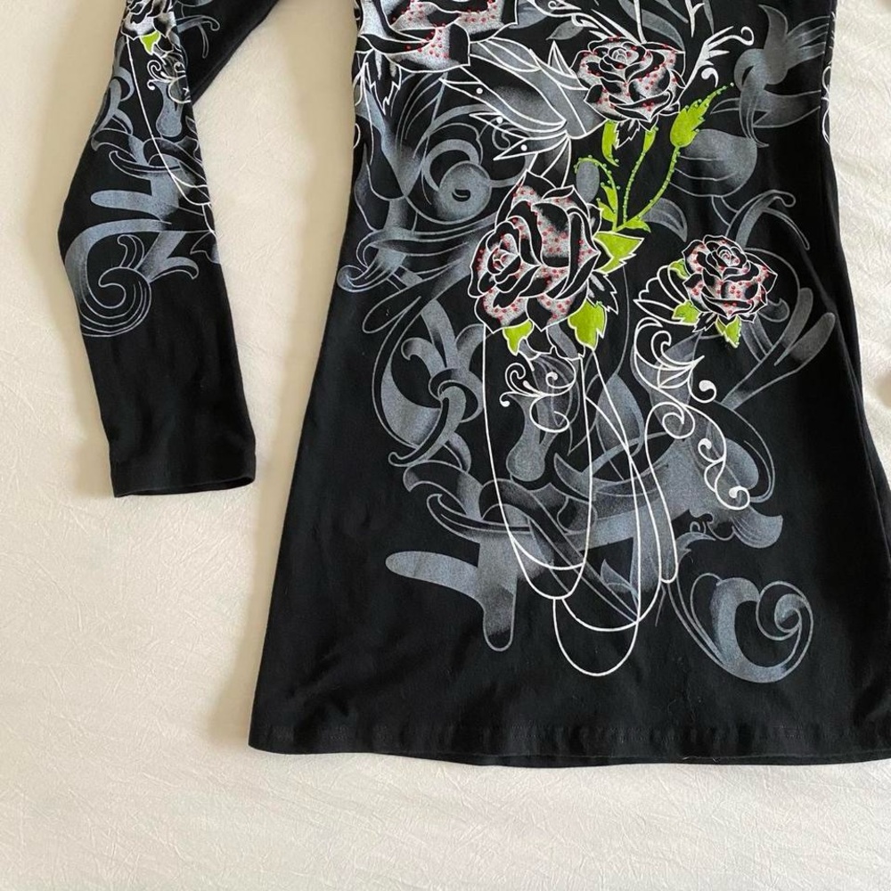 Y2k long sleeve hooded mini dress with rhinestones rose & tribal pattern - Picture 5 of 8